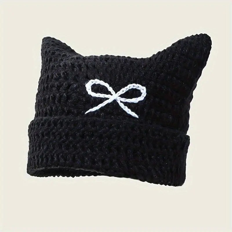Autumn Winter Cute Cat Ears Cap, Streetwear Beanie Hat, Little Devil Striped Knitted Hat For Men Women, Kawaii Y2k Hat - SS69
