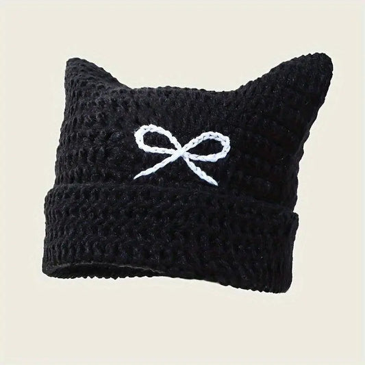 Autumn Winter Cute Cat Ears Cap, Streetwear Beanie Hat, Little Devil Striped Knitted Hat For Men Women, Kawaii Y2k Hat - SS69