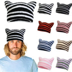 Autumn Winter Cute Cat Ears Cap, Streetwear Beanie Hat, Little Devil Striped Knitted Hat For Men Women, Kawaii Y2k Hat - SS69