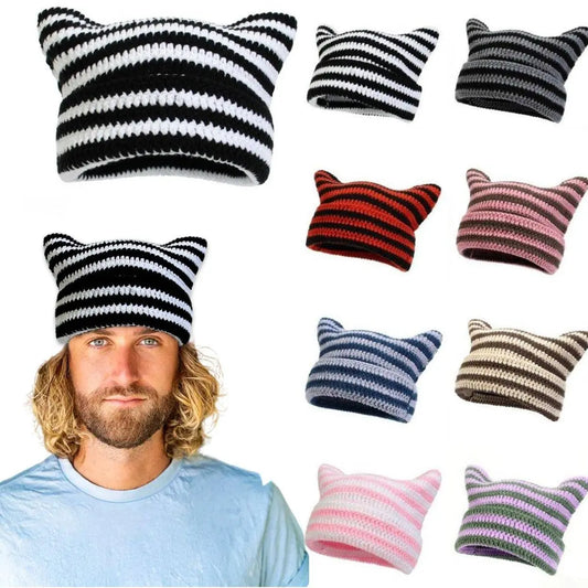 Autumn Winter Cute Cat Ears Cap, Streetwear Beanie Hat, Little Devil Striped Knitted Hat For Men Women, Kawaii Y2k Hat - SS69