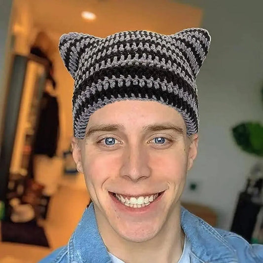 Autumn Winter Cute Cat Ears Cap, Streetwear Beanie Hat, Little Devil Striped Knitted Hat For Men Women, Kawaii Y2k Hat - SS69