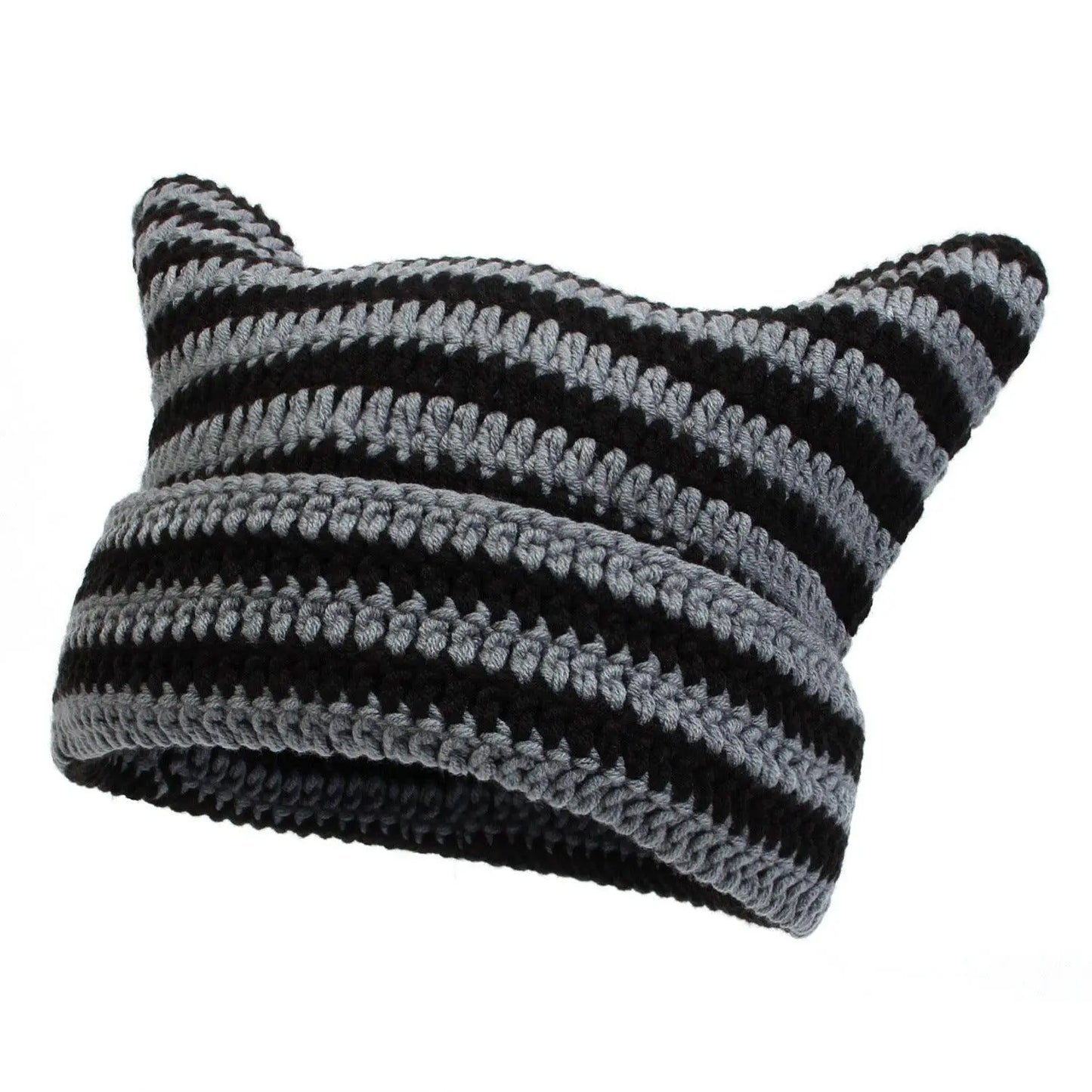 Autumn Winter Cute Cat Ears Cap, Streetwear Beanie Hat, Little Devil Striped Knitted Hat For Men Women, Kawaii Y2k Hat - SS69