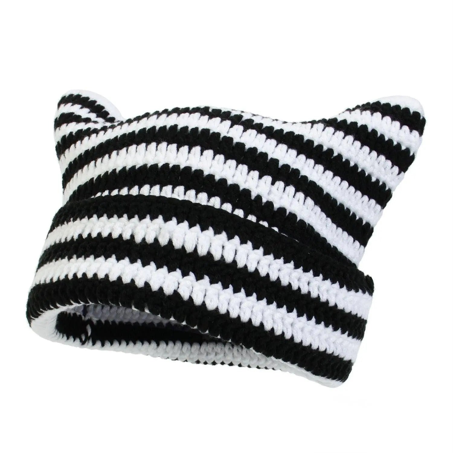 Autumn Winter Cute Cat Ears Cap, Streetwear Beanie Hat, Little Devil Striped Knitted Hat For Men Women, Kawaii Y2k Hat - SS69