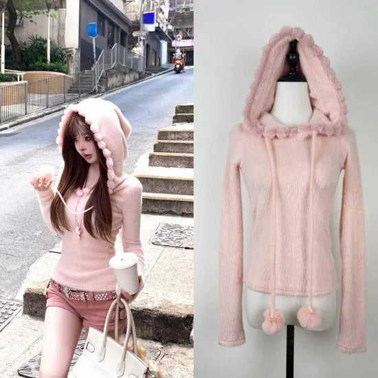 Autumn Winter Hooded Slim Pullover American Vintage College Style Knitwear Jacquard Sweater Women E-girl Long Sleeve Tops Chic SS69