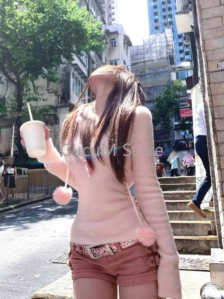 Autumn Winter Hooded Slim Pullover American Vintage College Style Knitwear Jacquard Sweater Women E-girl Long Sleeve Tops Chic SS69