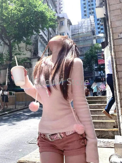 Autumn Winter Hooded Slim Pullover American Vintage College Style Knitwear Jacquard Sweater Women E-girl Long Sleeve Tops Chic SS69