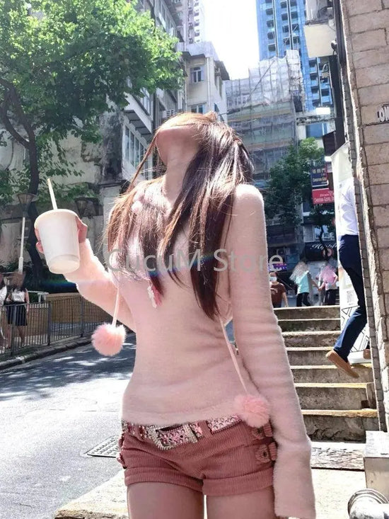 Autumn Winter Hooded Slim Pullover American Vintage College Style Knitwear Jacquard Sweater Women E-girl Long Sleeve Tops Chic SS69