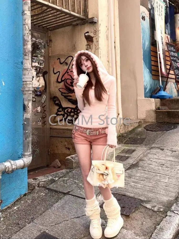 Autumn Winter Hooded Slim Pullover American Vintage College Style Knitwear Jacquard Sweater Women E-girl Long Sleeve Tops Chic SS69