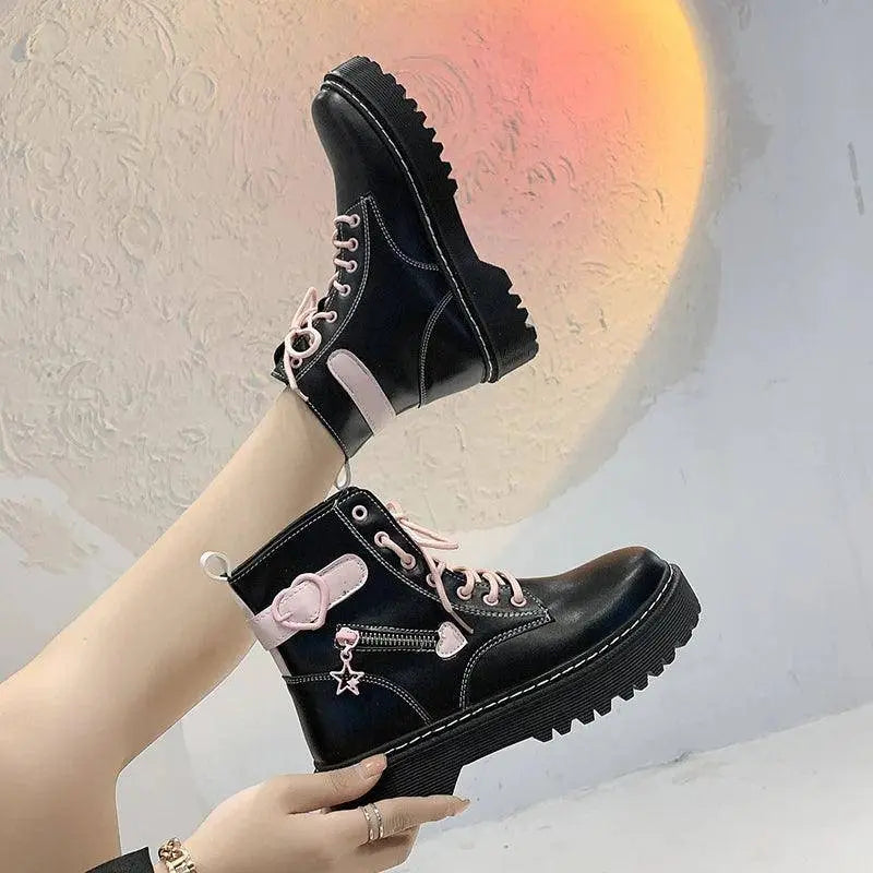 Autumn and Winter Fashion New Comfortable Fleece Warm Cross with Round Toe Cute Leather Women's Square Heel Ankle Boots - SS69