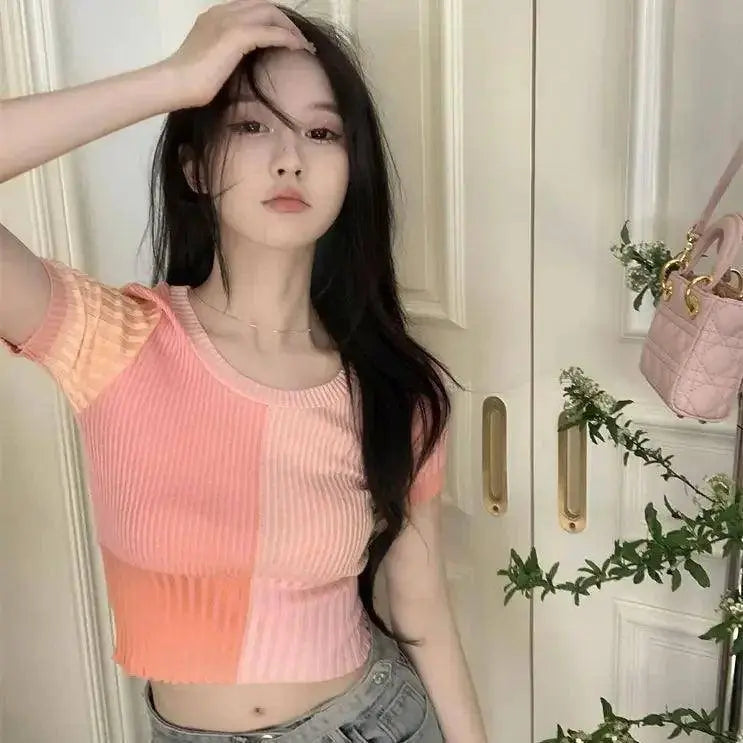 Baby Tee Short Sleeve Contrast Color Crop Knit Top for Women Teengirl Rib-knit Shirts Knitwear Pastel Aesthetic Outfit SS69
