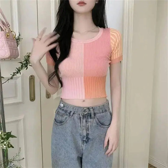 Baby Tee Short Sleeve Contrast Color Crop Knit Top for Women Teengirl Rib-knit Shirts Knitwear Pastel Aesthetic Outfit SS69