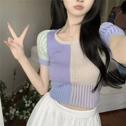 Baby Tee Short Sleeve Contrast Color Crop Knit Top for Women Teengirl Rib-knit Shirts Knitwear Pastel Aesthetic Outfit SS69
