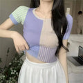 Baby Tee Short Sleeve Contrast Color Crop Knit Top for Women Teengirl Rib-knit Shirts Knitwear Pastel Aesthetic Outfit SS69
