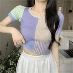 Baby Tee Short Sleeve Contrast Color Crop Knit Top for Women Teengirl Rib-knit Shirts Knitwear Pastel Aesthetic Outfit SS69