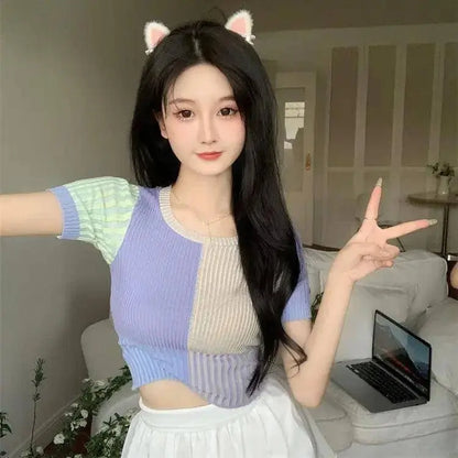 Baby Tee Short Sleeve Contrast Color Crop Knit Top for Women Teengirl Rib-knit Shirts Knitwear Pastel Aesthetic Outfit SS69