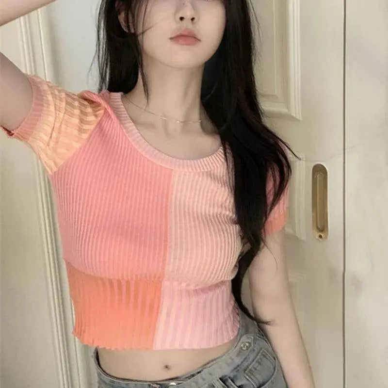 Baby Tee Short Sleeve Contrast Color Crop Knit Top for Women Teengirl Rib-knit Shirts Knitwear Pastel Aesthetic Outfit SS69