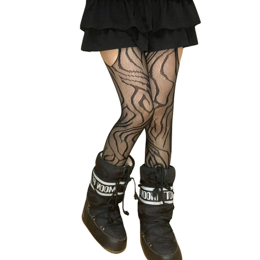 Black Vine Patterned Suspender Fishnet Tights - SS69