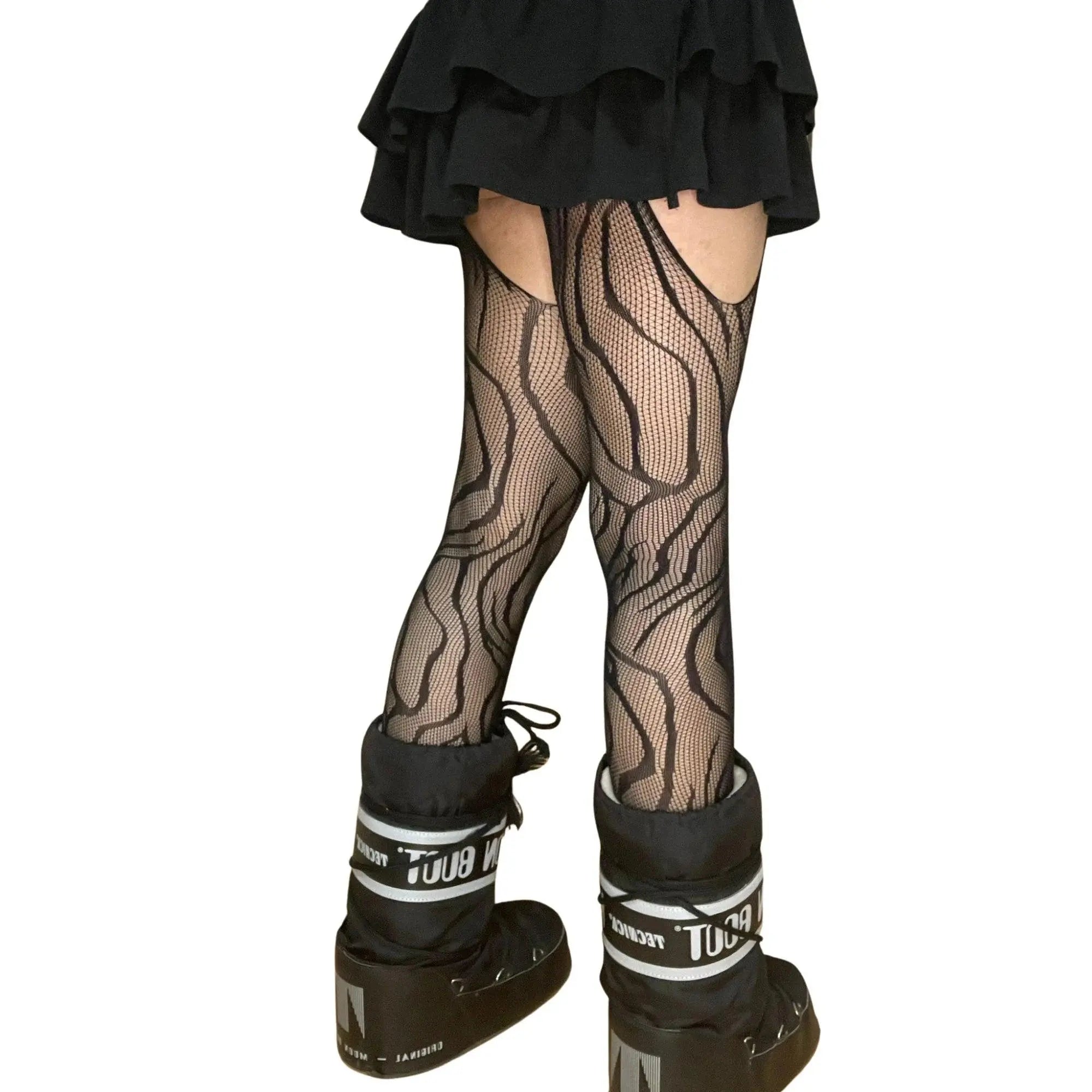 Black Vine Patterned Suspender Fishnet Tights - SS69