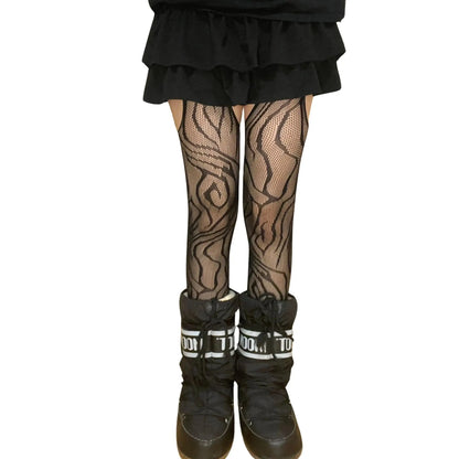 Black Vine Patterned Suspender Fishnet Tights - SS69