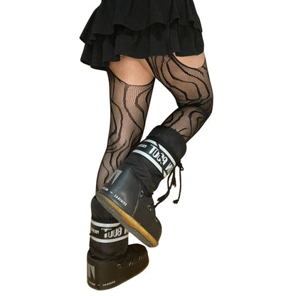 Black Vine Patterned Suspender Fishnet Tights - SS69