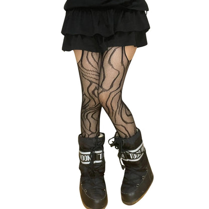 Black Vine Patterned Suspender Fishnet Tights - SS69