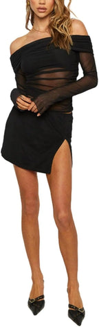 Black crop top featuring long transparent sleeves - SS69