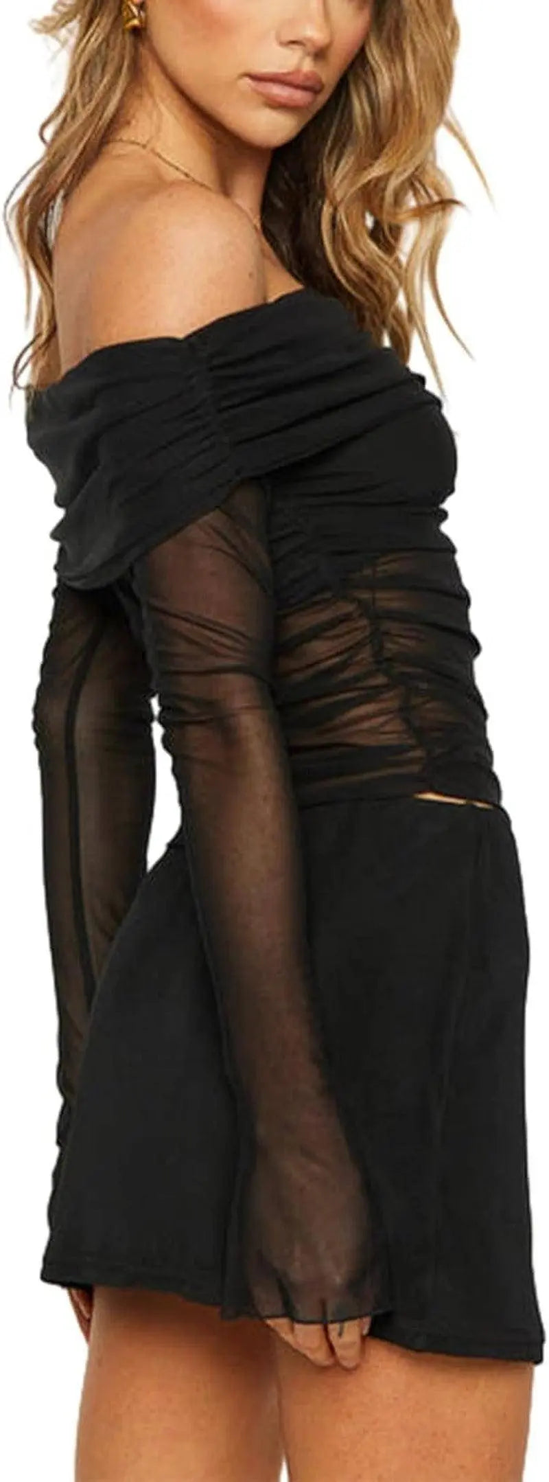 Black crop top featuring long transparent sleeves - SS69