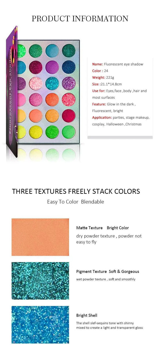 Blacklight UV Glow in Dark Fluorescent Eyeshadow Palette Stage Clubbing Neon Makeup Palette 24Colors Pigment Luminous Eye Shadow SS69
