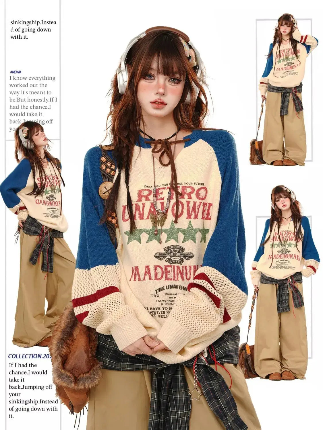 Blue College Sstyle Loose Sweater for Women Autumn Fashion Slim Lazy Style Spliced Hollow Out Knitted Pullovers Women Tops SS69