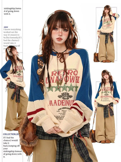 Blue College Sstyle Loose Sweater for Women Autumn Fashion Slim Lazy Style Spliced Hollow Out Knitted Pullovers Women Tops SS69