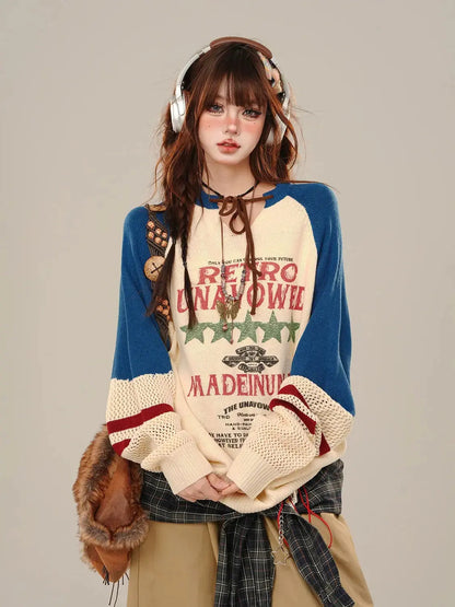 Blue College Sstyle Loose Sweater for Women Autumn Fashion Slim Lazy Style Spliced Hollow Out Knitted Pullovers Women Tops SS69