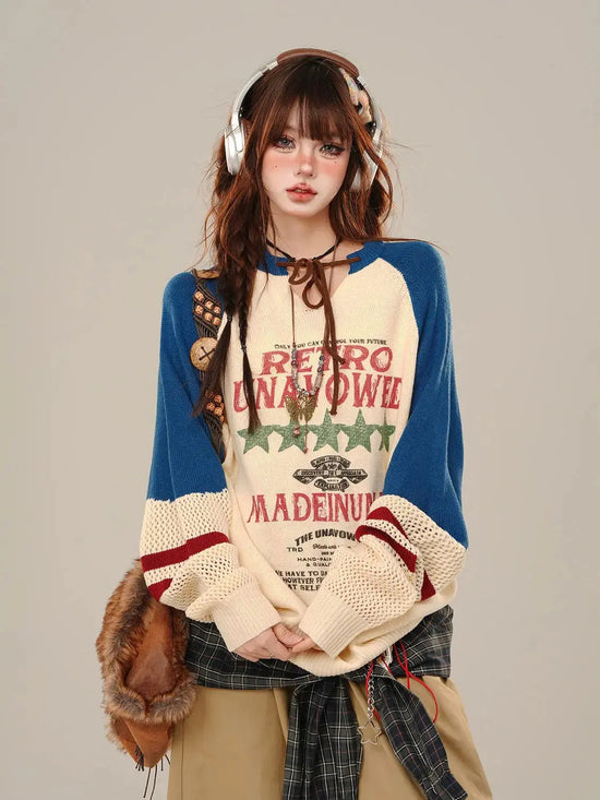 Blue College Sstyle Loose Sweater for Women Autumn Fashion Slim Lazy Style Spliced Hollow Out Knitted Pullovers Women Tops SS69