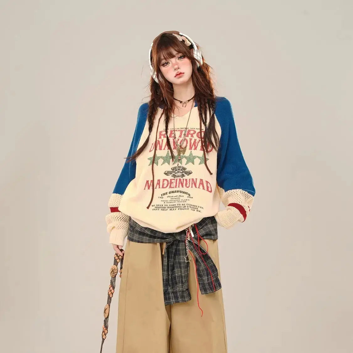 Blue College Sstyle Loose Sweater for Women Autumn Fashion Slim Lazy Style Spliced Hollow Out Knitted Pullovers Women Tops SS69 36.69 Blue Apricot / S