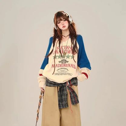 Blue College Sstyle Loose Sweater for Women Autumn Fashion Slim Lazy Style Spliced Hollow Out Knitted Pullovers Women Tops SS69 36.69 Blue Apricot / S