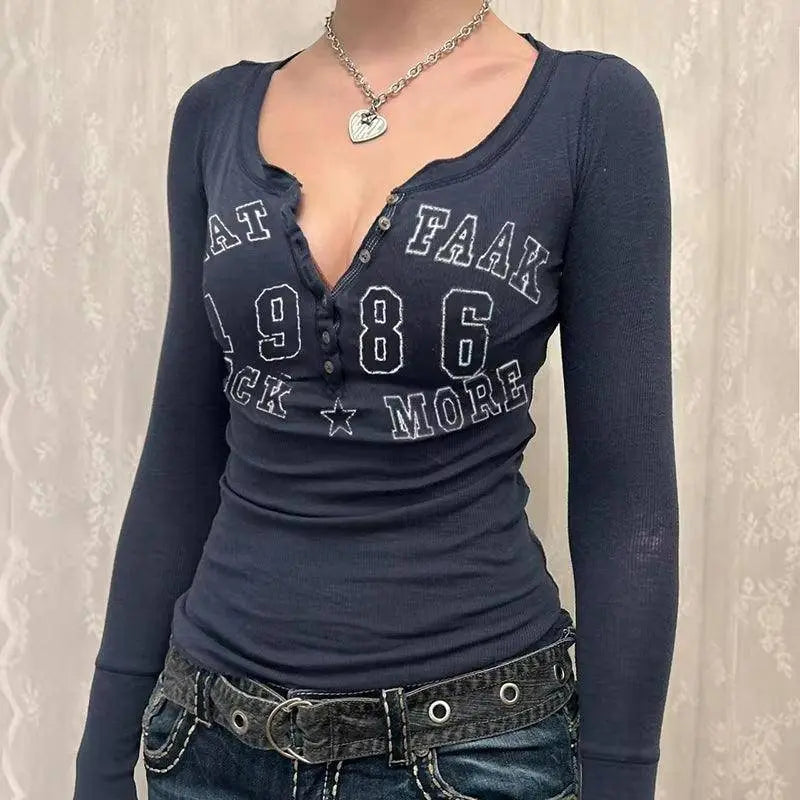 Blue Print T Shirt Streetwear Y2K Aesthetic Long Sleeve - SS69