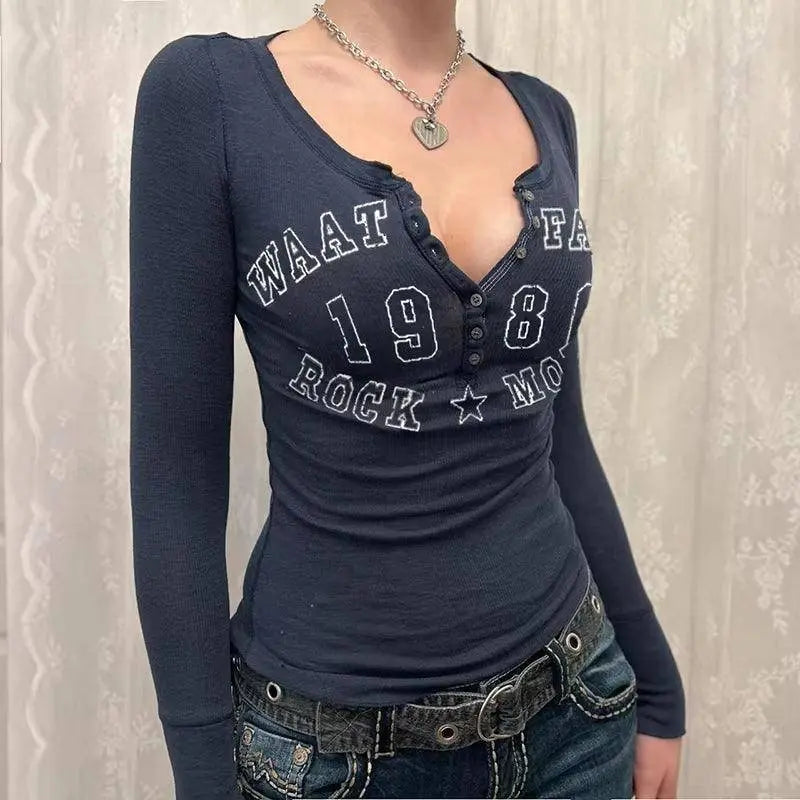 Blue Print T Shirt Streetwear Y2K Aesthetic Long Sleeve - SS69