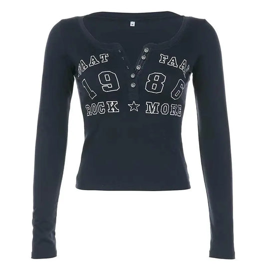 Blue Print T Shirt Streetwear Y2K Aesthetic Long Sleeve - SS69