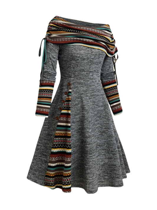Boho Chic Plus Size Women's Dress - Geometric Print, Long Sleeve, Boat Neck with Adjustable Drawstring, Stretch Fabric, Perfect for Casual Wear & Special Occasions SS69