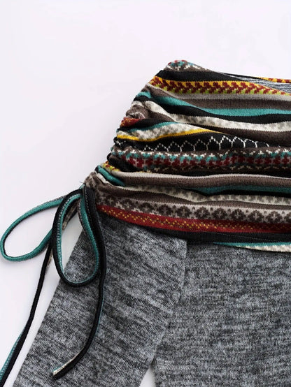 Boho Chic Plus Size Women's Dress - Geometric Print, Long Sleeve, Boat Neck with Adjustable Drawstring, Stretch Fabric, Perfect for Casual Wear & Special Occasions SS69