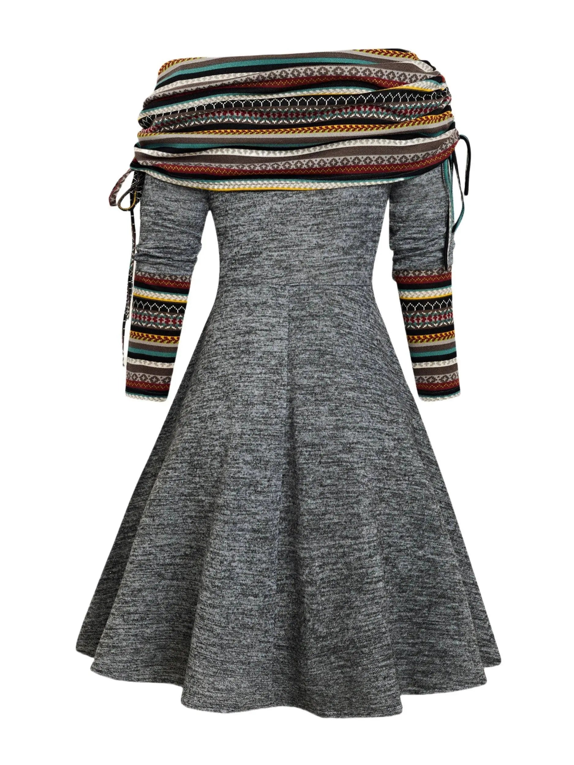 Boho Chic Plus Size Women's Dress - Geometric Print, Long Sleeve, Boat Neck with Adjustable Drawstring, Stretch Fabric, Perfect for Casual Wear & Special Occasions SS69