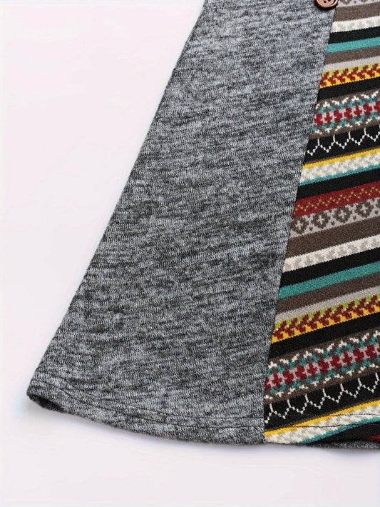 Boho Chic Plus Size Women's Dress - Geometric Print, Long Sleeve, Boat Neck with Adjustable Drawstring, Stretch Fabric, Perfect for Casual Wear & Special Occasions SS69