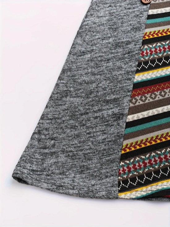 Boho Chic Plus Size Women's Dress - Geometric Print, Long Sleeve, Boat Neck with Adjustable Drawstring, Stretch Fabric, Perfect for Casual Wear & Special Occasions SS69