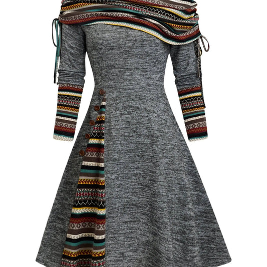 Boho Chic Plus Size Women's Dress - Geometric Print, Long Sleeve, Boat Neck with Adjustable Drawstring, Stretch Fabric, Perfect for Casual Wear & Special Occasions SS69 34.69 grey / 4XL