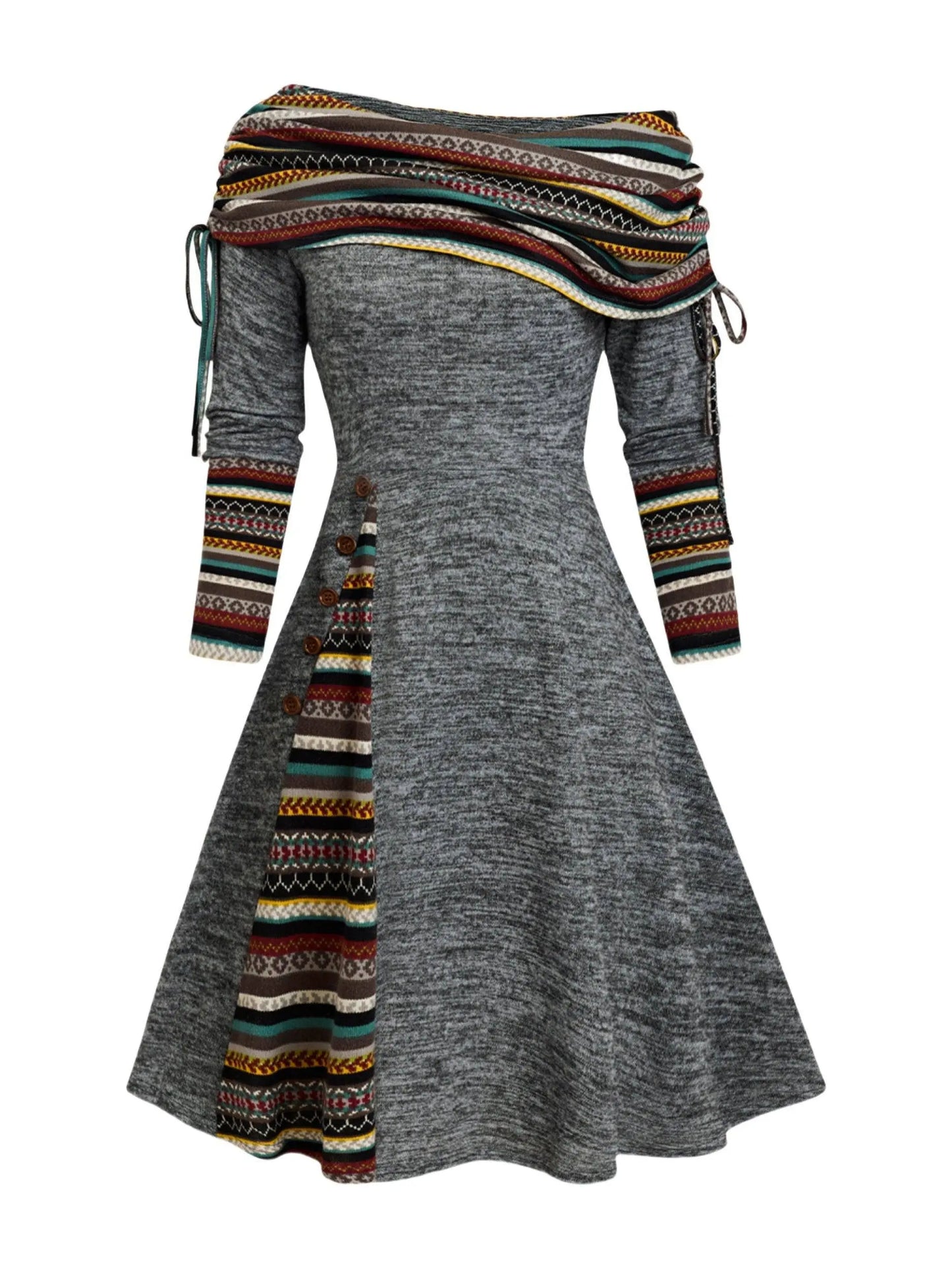 Boho Chic Plus Size Women's Dress - Geometric Print, Long Sleeve, Boat Neck with Adjustable Drawstring, Stretch Fabric, Perfect for Casual Wear & Special Occasions SS69