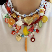 Boho Vacation Style Beaded Pendant Necklaces with Fruit, Heart, Teacup, Teapot, Bread SS69