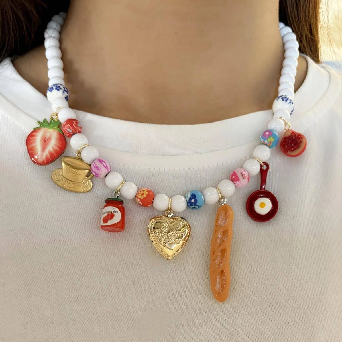 Boho Vacation Style Beaded Pendant Necklaces with Fruit, Heart, Teacup, Teapot, Bread SS69