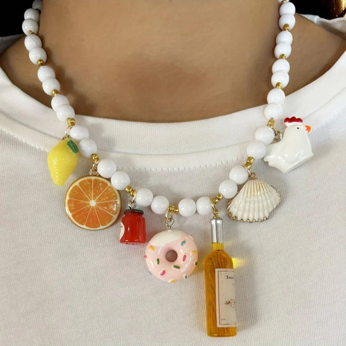 Boho Vacation Style Beaded Pendant Necklaces with Fruit, Heart, Teacup, Teapot, Bread SS69