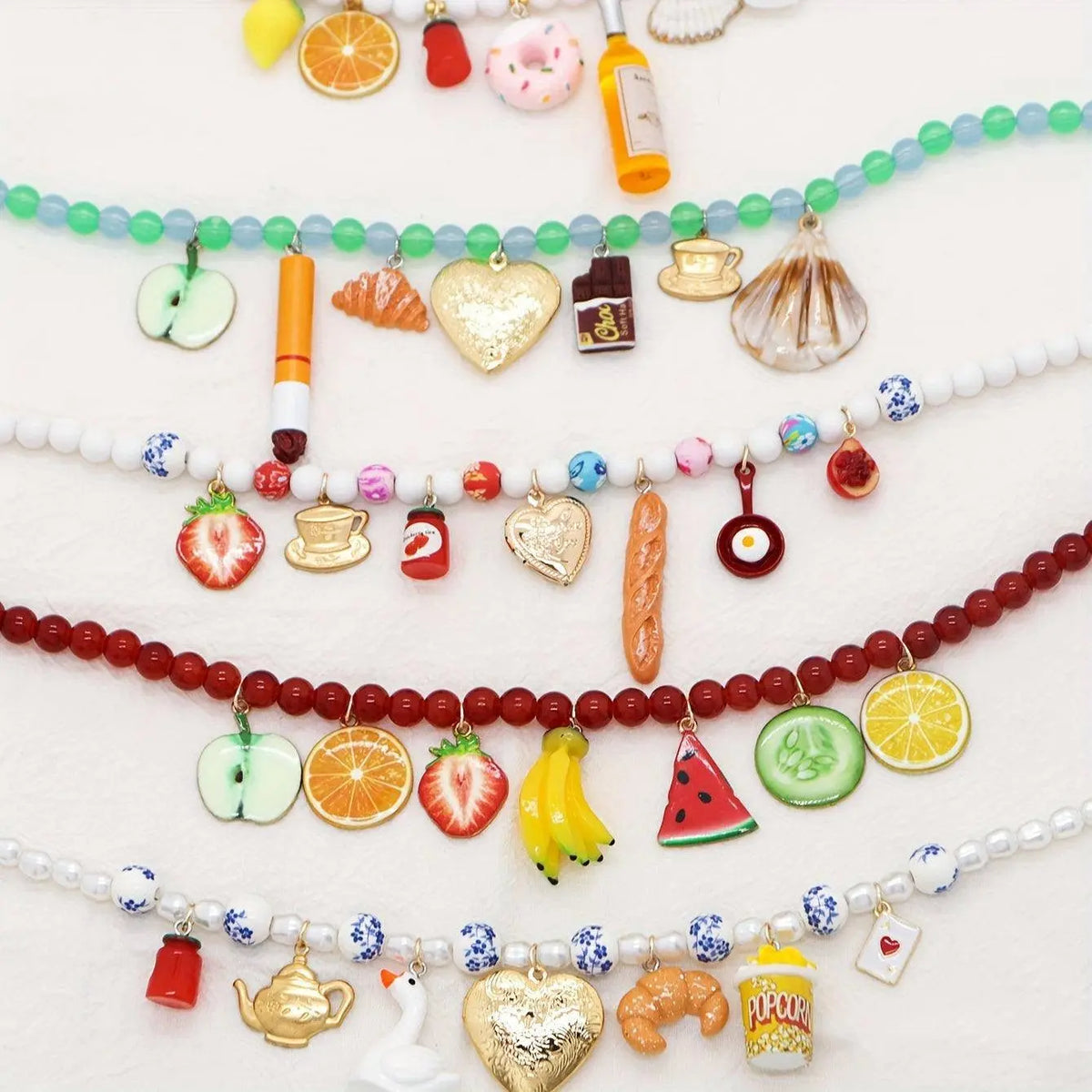 Boho Vacation Style Beaded Pendant Necklaces with Fruit, Heart, Teacup, Teapot, Bread SS69