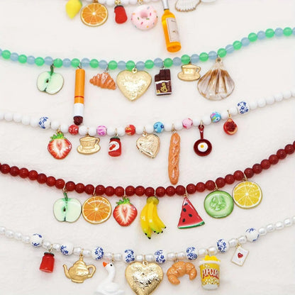 Boho Vacation Style Beaded Pendant Necklaces with Fruit, Heart, Teacup, Teapot, Bread SS69