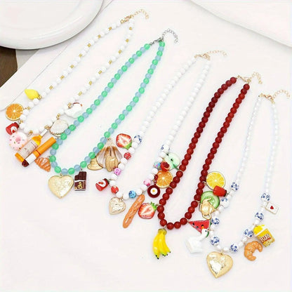 Boho Vacation Style Beaded Pendant Necklaces with Fruit, Heart, Teacup, Teapot, Bread SS69